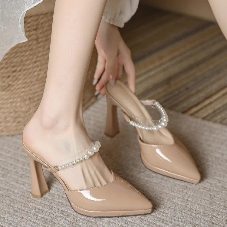 Women Slippers Female Shoes Pointed Toe Mules for Women 2024 Thin Heels Slippers Soft Beige Heeled Slides Fashion New Comfort