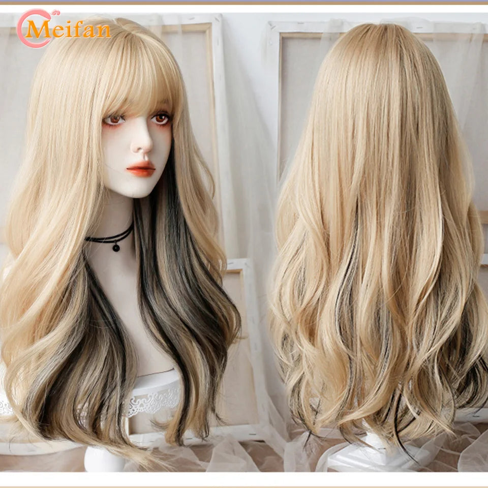 MEIFAN Synthetic Long Straight Lolita Wig with Bang Red Ombre Black Cosplay Party Halloween Christmas Wavy Curly Harajuku Wig