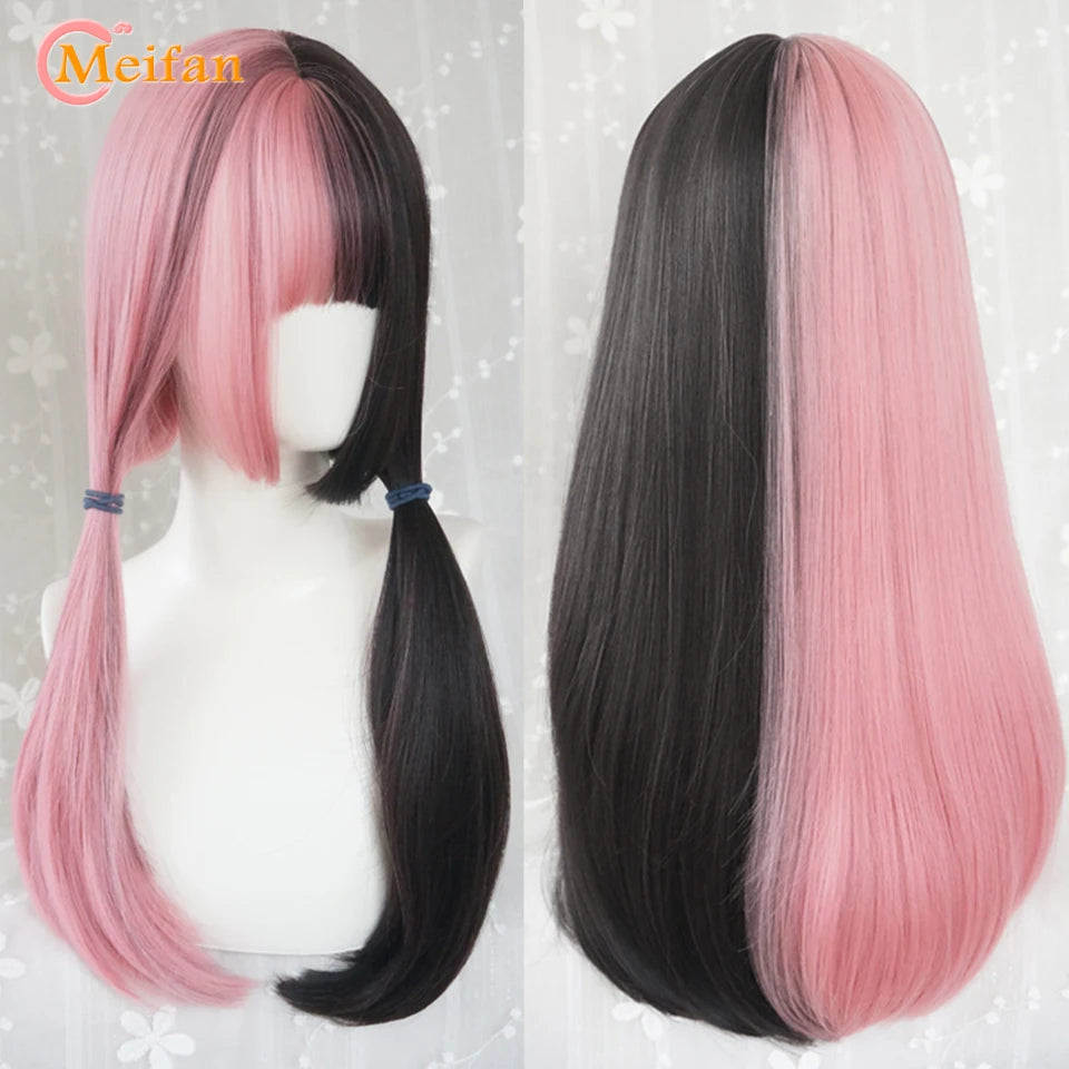 MEIFAN Synthetic Long Straight Lolita Wig with Bang Red Ombre Black Cosplay Party Halloween Christmas Wavy Curly Harajuku Wig