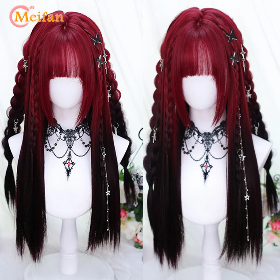 MEIFAN Synthetic Long Straight Lolita Wig with Bang Red Ombre Black Cosplay Party Halloween Christmas Wavy Curly Harajuku Wig