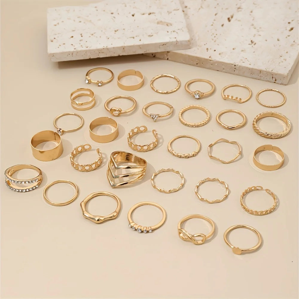 30pcs/set Elegant Stackable Rings Set With Shiny Rhinestone Inlaid, Fashion Infinity Knot Design, Vacation Style Perfect Stylish