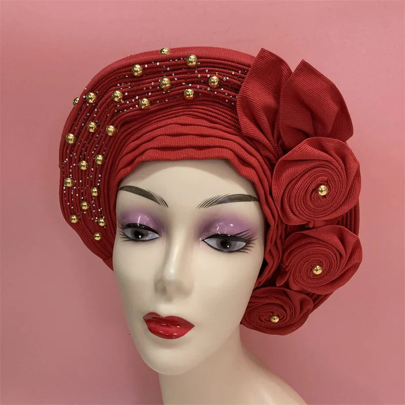 Nigerian gel headgear, with stone bead, already made auto, turban, afro aso ebi gel aso oke, wide brim headgear 7L111802