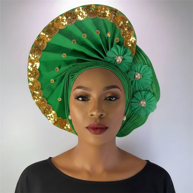 Nigerian gel headgear, with stone bead, already made auto, turban, afro aso ebi gel aso oke, wide brim headgear 7L111802