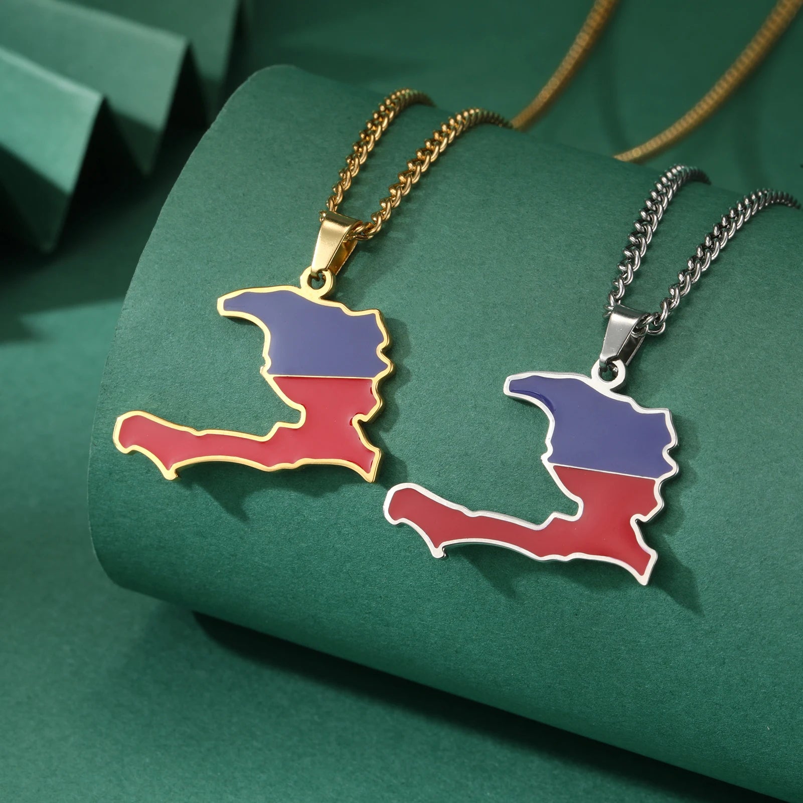 Haiti Map Color of the Haitian Flag Creative Design Pendant Necklace Women Men Stainless Steel Chain Jewelry Birthday Gift