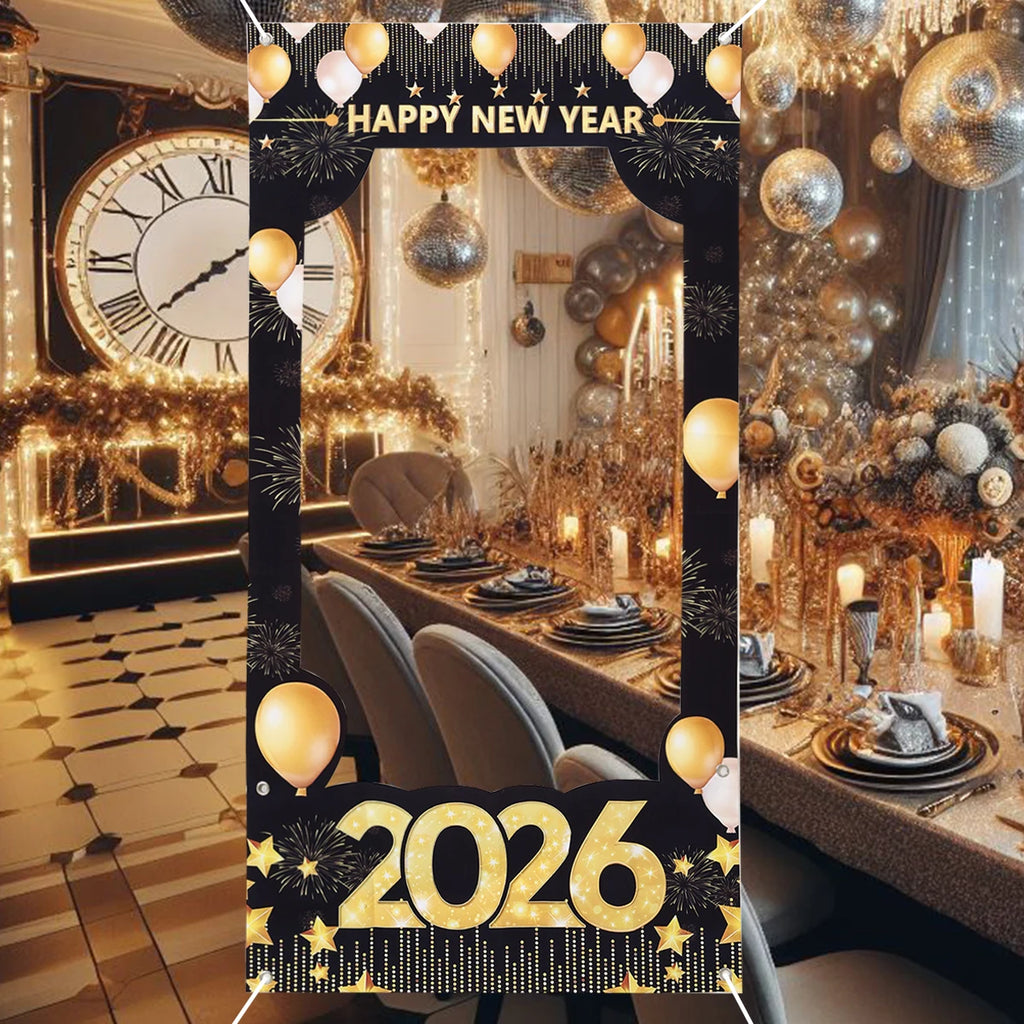 2026 Happy New Year Photo Frame Photo Booth Props Firework Shiny New Year Background Prop Golden Balloon Photography Backdrop