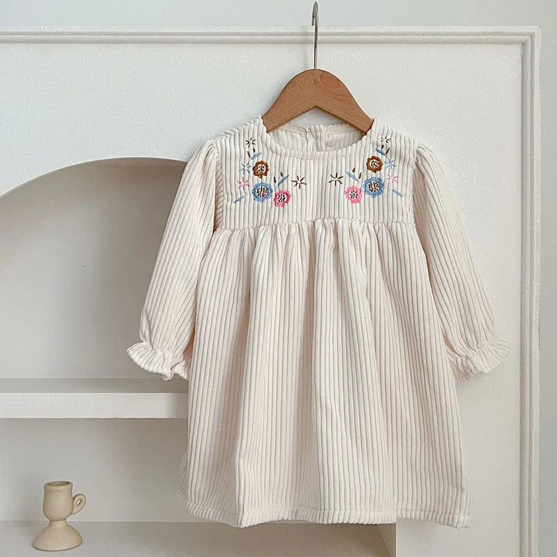 Kids Outfits Autumn Baby Girl Corduroy Princess Dress Embroidered Flowers Puff Sleeve Dress Children Retro Casual Loose Dresses