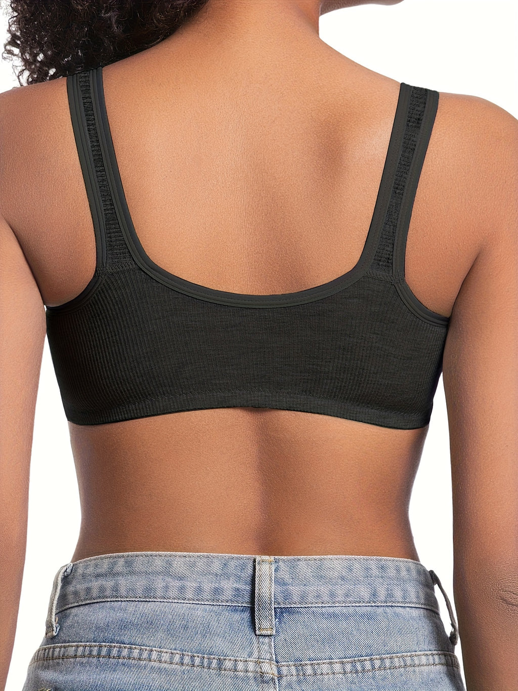 [3pcs Comfortable Bras] 3pcs Women's Bras - No Underwire Front Closure, Full Coverage, Soft Breathable High Elasticity, Striped Design with Fixed Padded Cups, Elegant Round Neckline for Everyday Comfort & Support, Comfortable