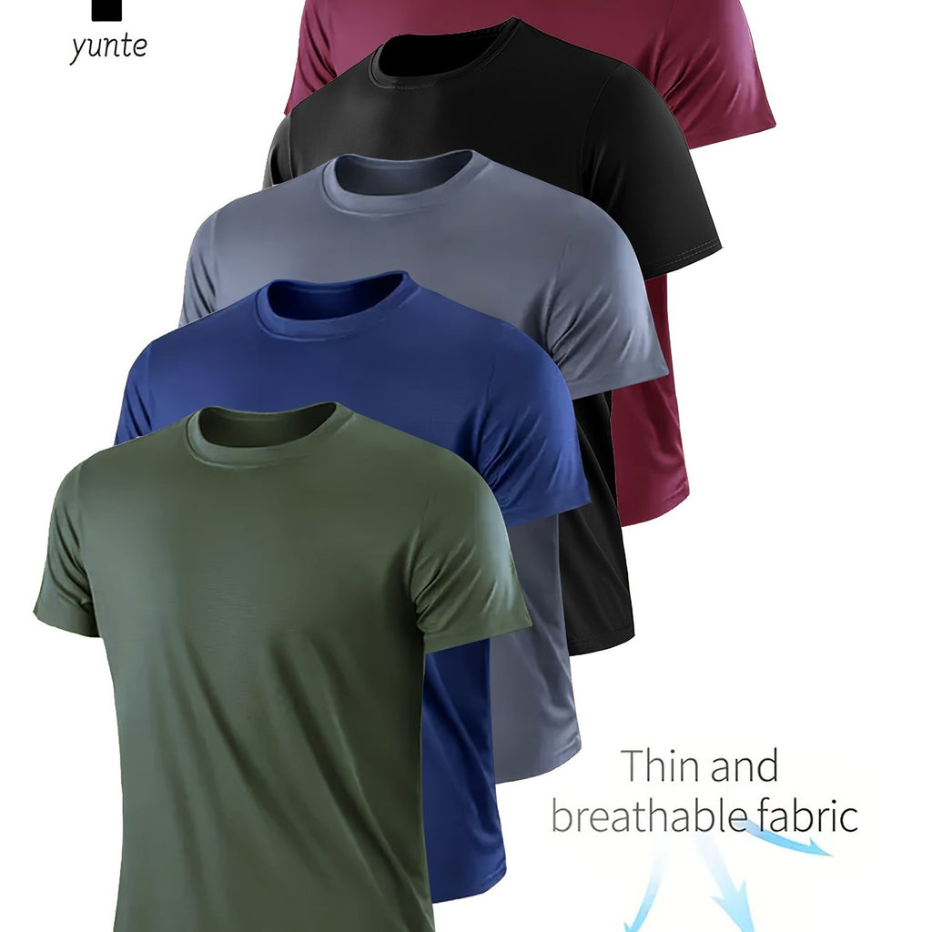 5pcs Yunte Men's Athletic T-Shirts in Maroon, Navy, Gray, Black, & Dark Blue - Quick-Dry, Breathable, Sweat-Wicking Fabric for Gym, Running & Fitness - Lightweight, Comfortable Short Sleeve Crew Neck Tops, Gym Clothes