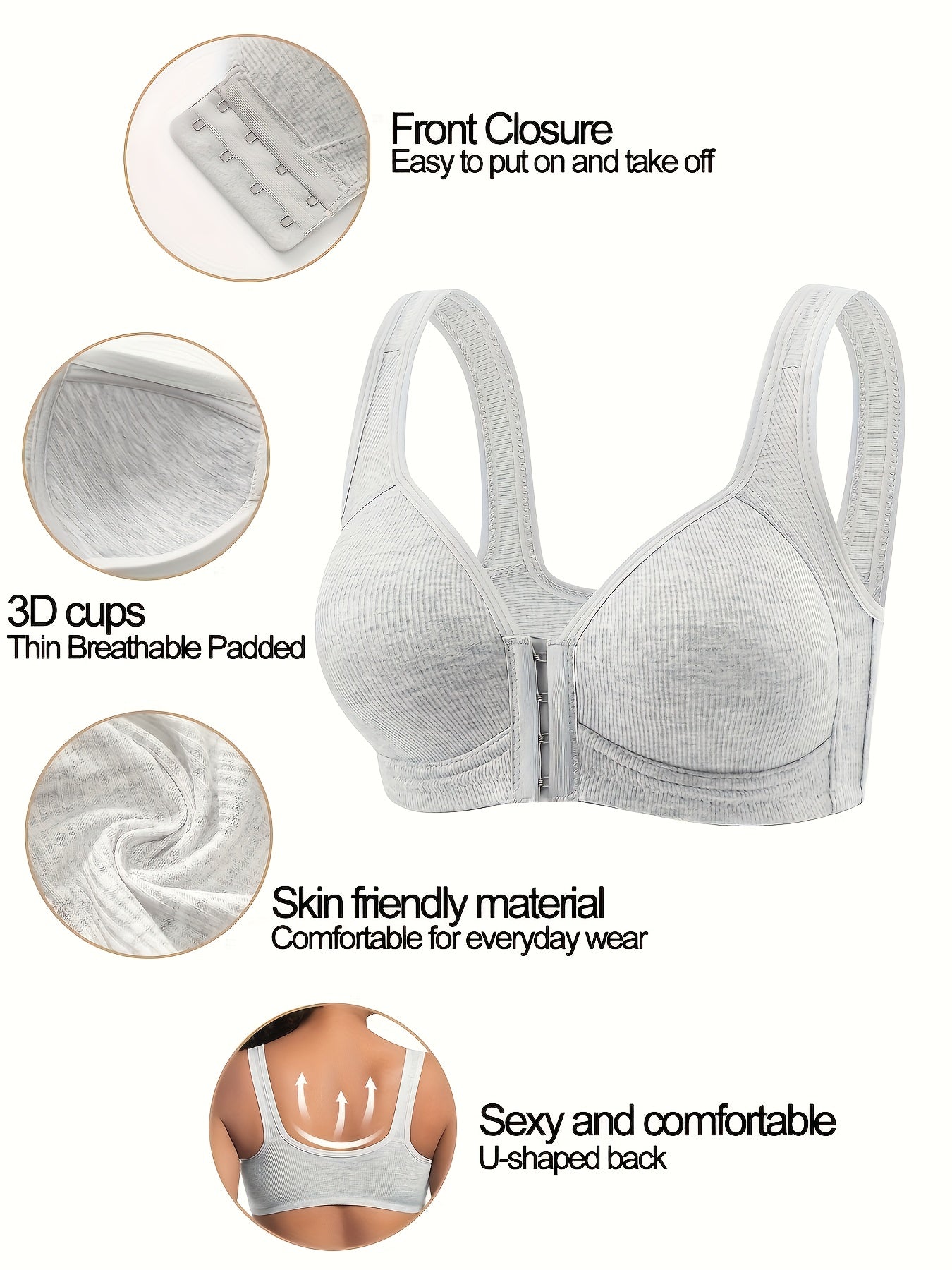 [3pcs Comfortable Bras] 3pcs Women's Bras - No Underwire Front Closure, Full Coverage, Soft Breathable High Elasticity, Striped Design with Fixed Padded Cups, Elegant Round Neckline for Everyday Comfort & Support, Comfortable