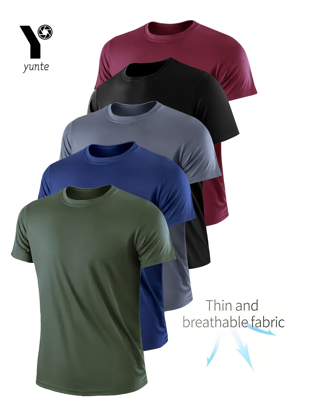 5pcs Yunte Men's Athletic T-Shirts in Maroon, Navy, Gray, Black, & Dark Blue - Quick-Dry, Breathable, Sweat-Wicking Fabric for Gym, Running & Fitness - Lightweight, Comfortable Short Sleeve Crew Neck Tops, Gym Clothes