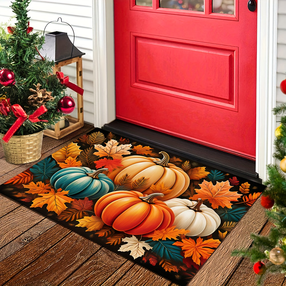 1pc Autumn Harvest Pumpkin & Leaf Patterned Doormat - Vibrant Fall Colors, Durable Polyester, Machine Washable, Rectangular Welcome Mat for Home Entrance, Perfect For Thanksgiving & Christmas Decor, Fall Decorations