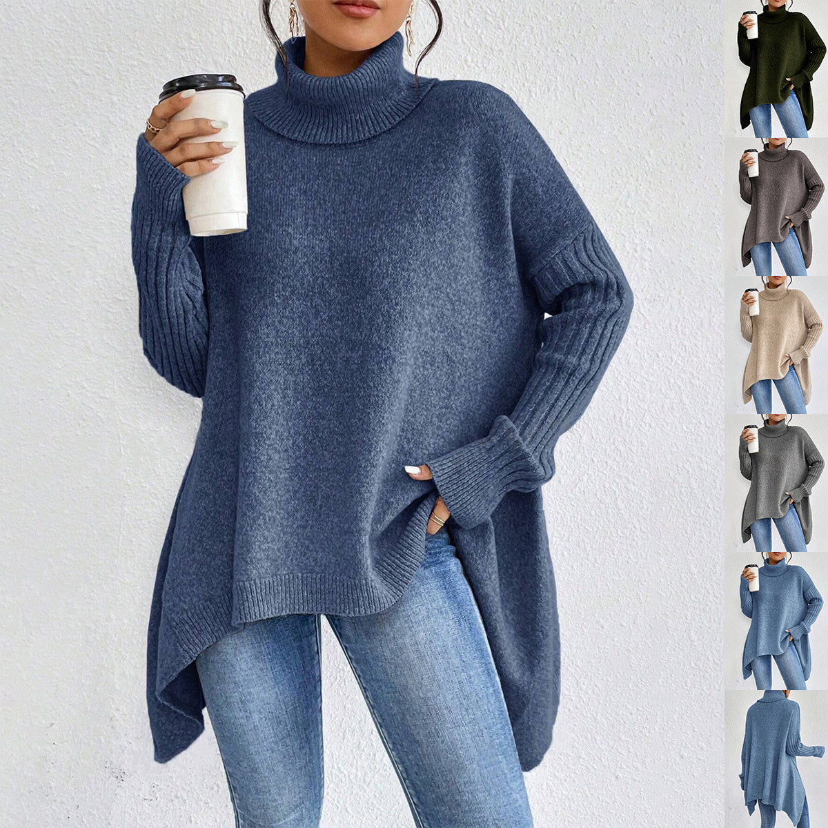Irregular Turtleneck Sweater Winter Loose Long Sleeve Knitted Tops Leisure Warm Pullover Sweater Women's Clothing