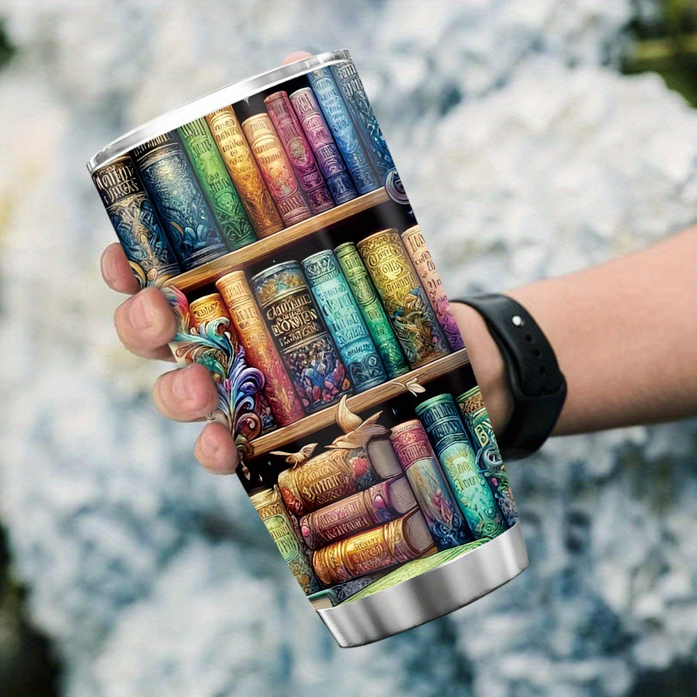 1pc Contemporary Metal Book Lovers Travel Mug, 20oz Stainless Steel Library Design Tumbler, Universal Holiday Gift for Readers, No Electricity or Feathers Required