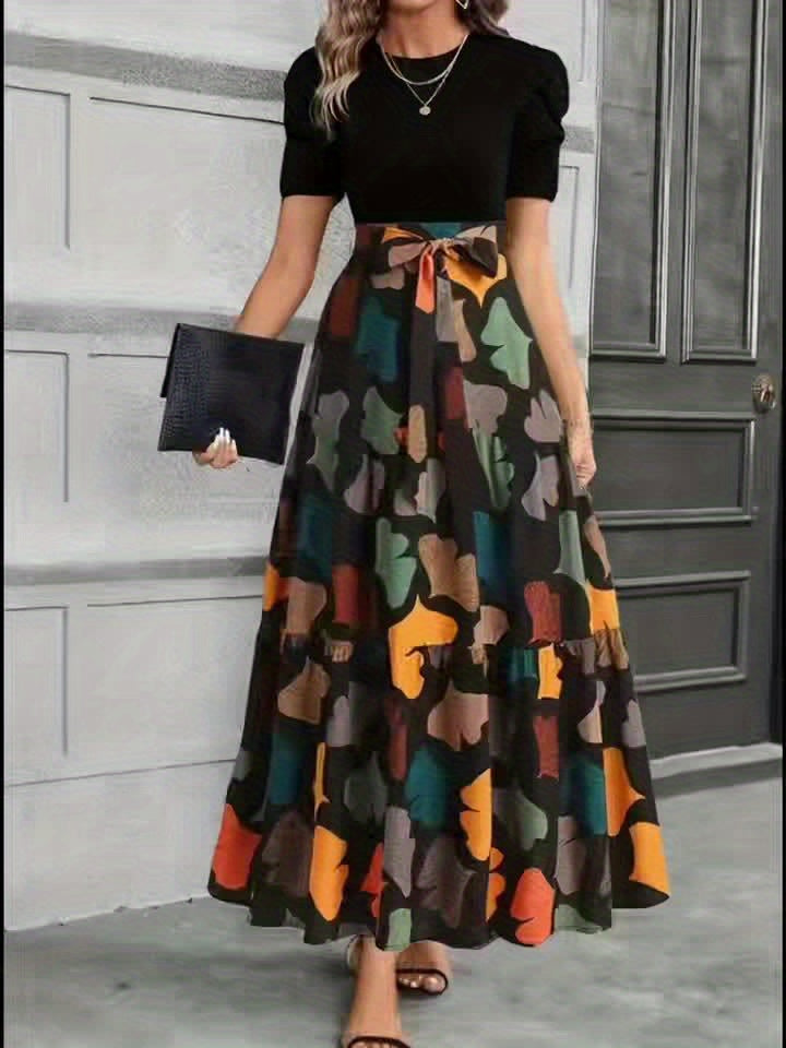 Women's Elegant A-Line Geometric Print Midi Dress with Puff Sleeves & Bow Detail - Vibrant Orange/Teal/Black/White/Green, Round Neck, Machine Washable, Spring Summer Casual to Semi-Formal Wear, Seasonal Fashion, Feminine Styl