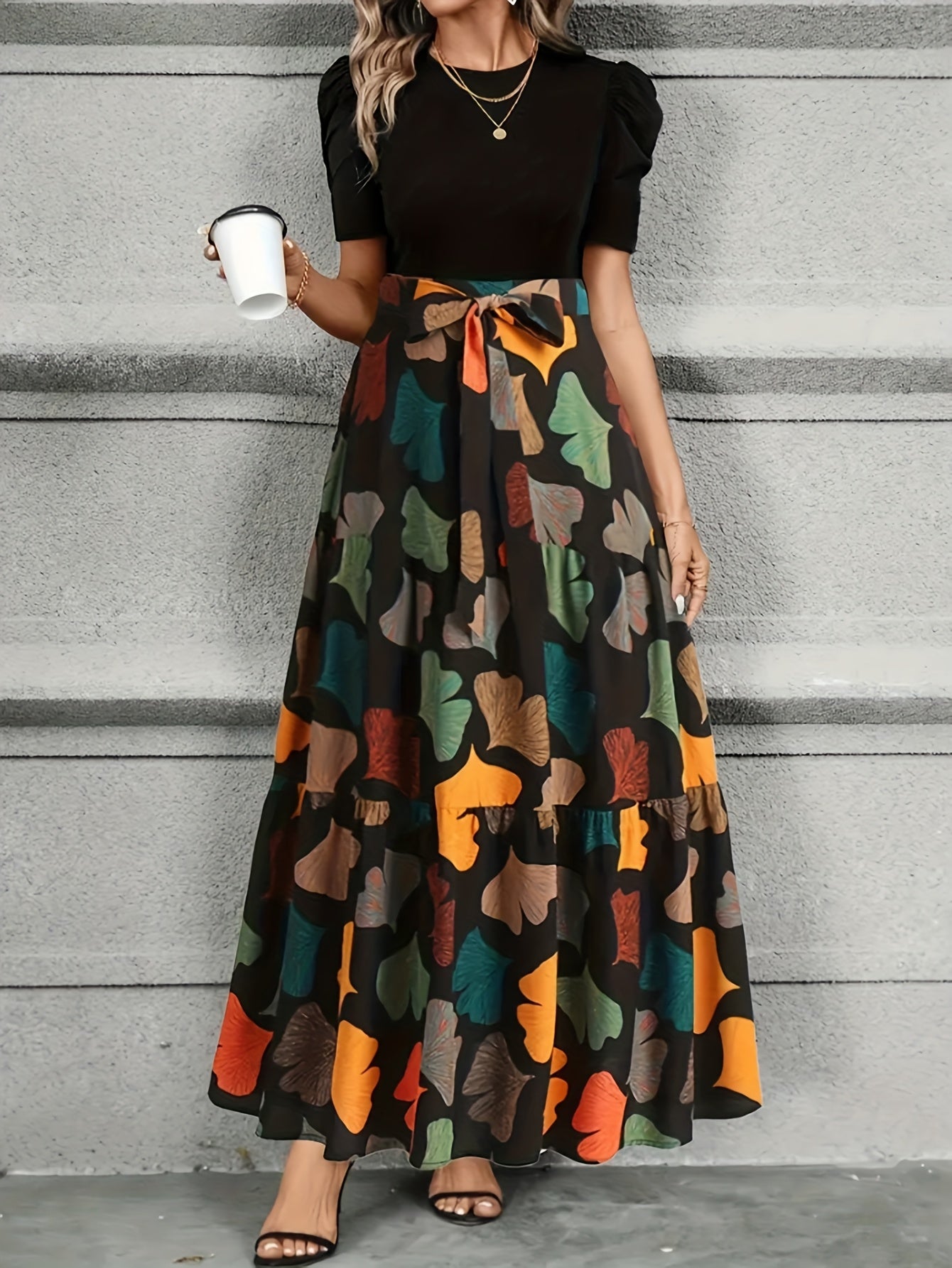 Women's Elegant A-Line Geometric Print Midi Dress with Puff Sleeves & Bow Detail - Vibrant Orange/Teal/Black/White/Green, Round Neck, Machine Washable, Spring Summer Casual to Semi-Formal Wear, Seasonal Fashion, Feminine Styl