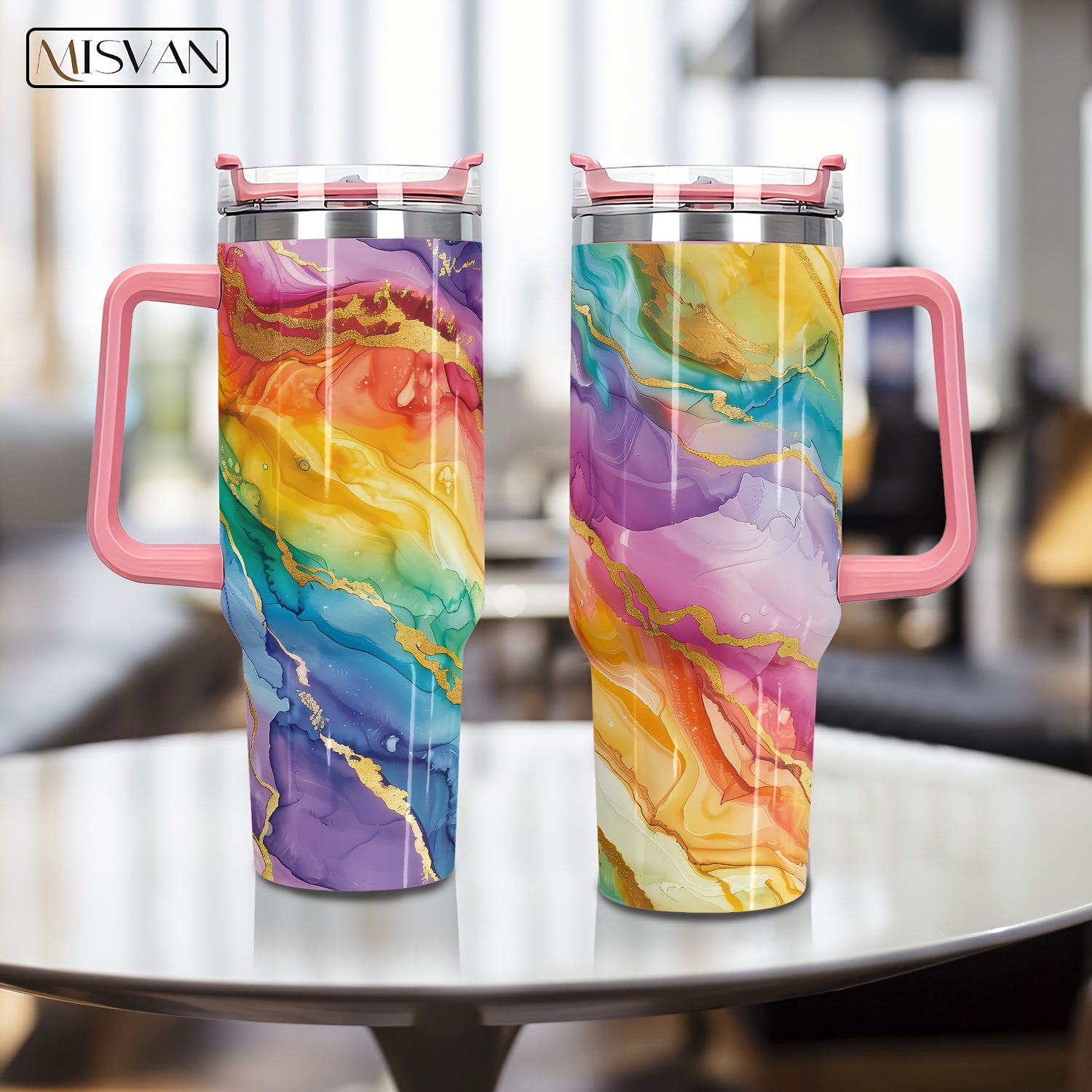 40oz MISVAN Stainless Steel Tumbler with Sliding Lid – Vibrant Gradient Color Pattern, BPA-Free, Break-Resistant, Reusable Oval Cup for Hot & Cold Beverages, Perfect Gift for Easter, Hanukkah, Arbor Day, Thanksgiving, and M
