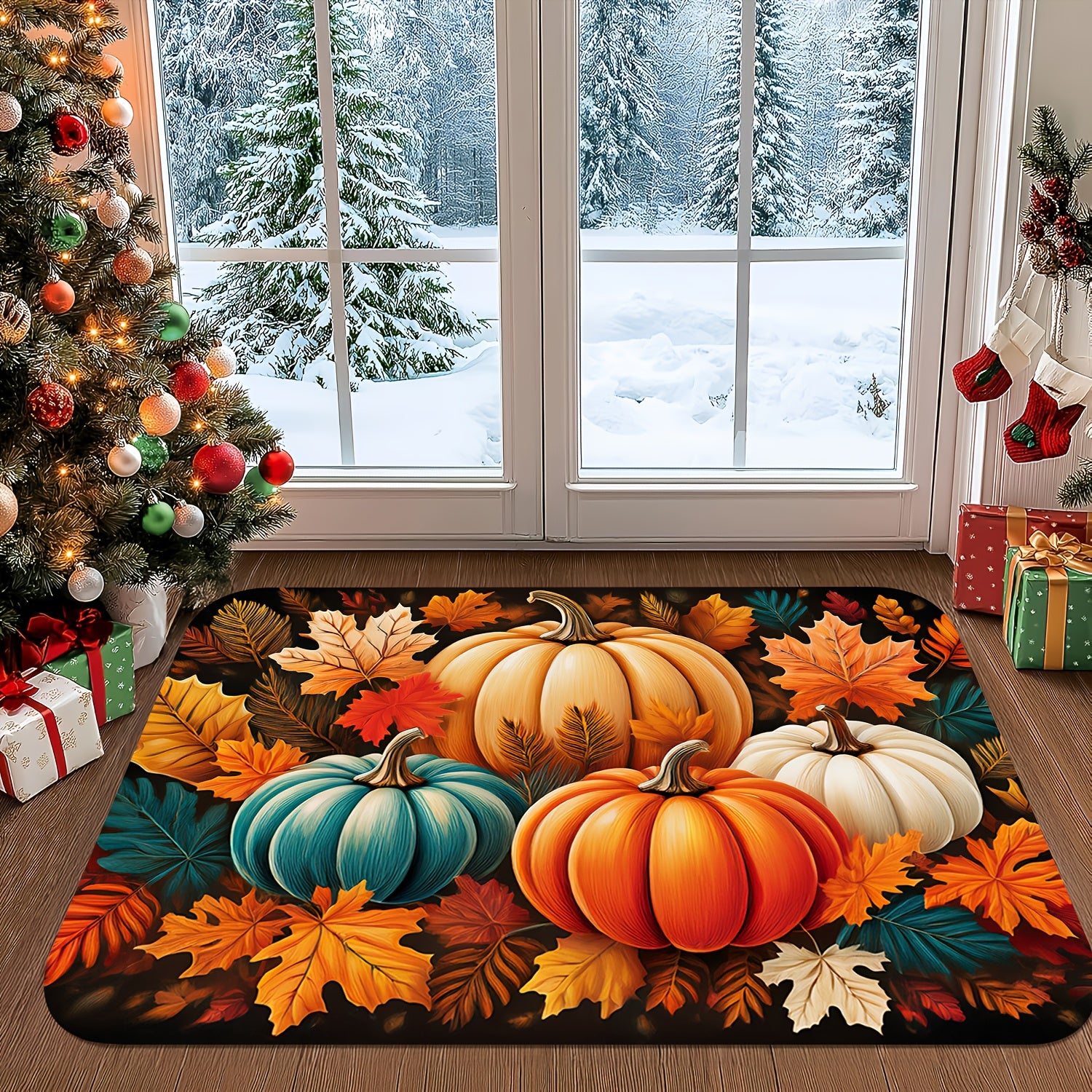 1pc Autumn Harvest Pumpkin & Leaf Patterned Doormat - Vibrant Fall Colors, Durable Polyester, Machine Washable, Rectangular Welcome Mat for Home Entrance, Perfect For Thanksgiving & Christmas Decor, Fall Decorations
