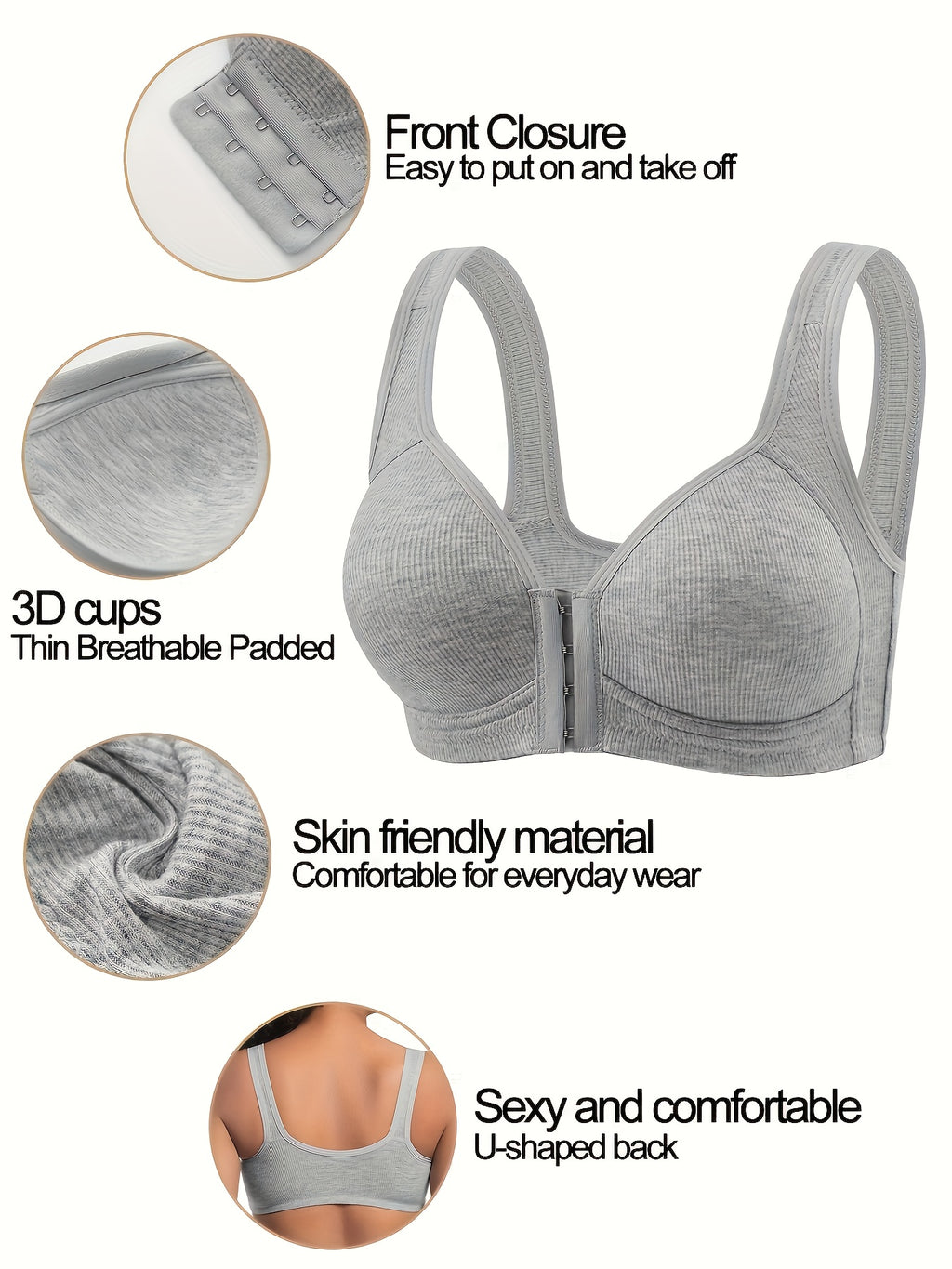 [3pcs Comfortable Bras] 3pcs Women's Bras - No Underwire Front Closure, Full Coverage, Soft Breathable High Elasticity, Striped Design with Fixed Padded Cups, Elegant Round Neckline for Everyday Comfort & Support, Comfortable