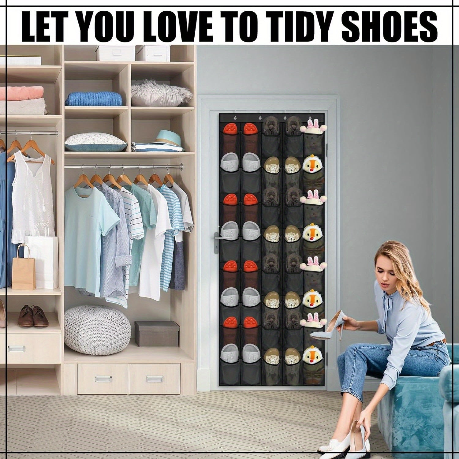 40-Pocket Over The Door Shoe Organizer | Large Mesh Hanging Rack with Nonslip Design | Gray Behind Door Storage for Closet, Dorm Room & College | Space-Saving Solution for Back to School & Classroom Organization, Shoe Storage
