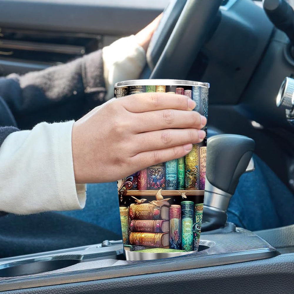 1pc Contemporary Metal Book Lovers Travel Mug, 20oz Stainless Steel Library Design Tumbler, Universal Holiday Gift for Readers, No Electricity or Feathers Required