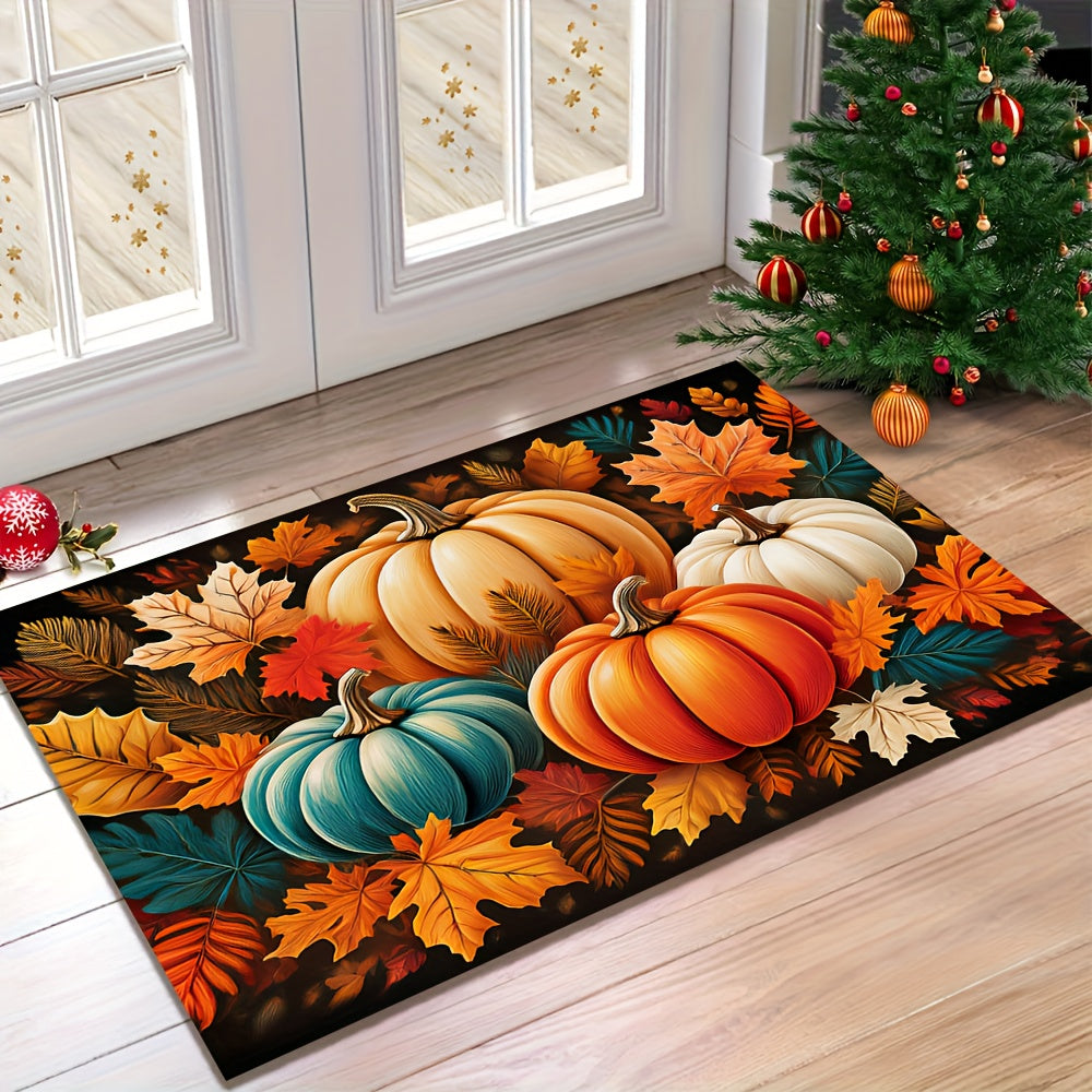 1pc Autumn Harvest Pumpkin & Leaf Patterned Doormat - Vibrant Fall Colors, Durable Polyester, Machine Washable, Rectangular Welcome Mat for Home Entrance, Perfect For Thanksgiving & Christmas Decor, Fall Decorations