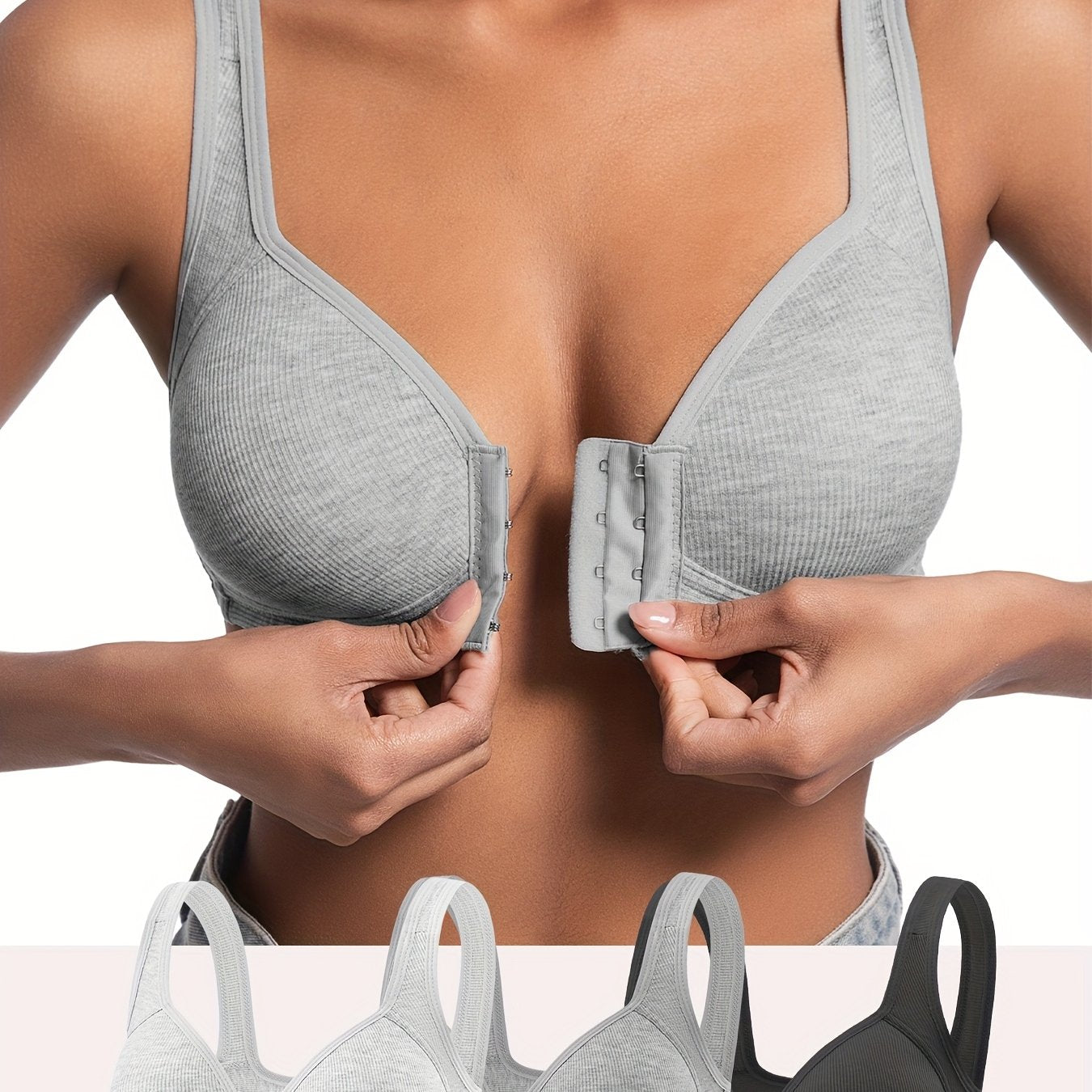 [3pcs Comfortable Bras] 3pcs Women's Bras - No Underwire Front Closure, Full Coverage, Soft Breathable High Elasticity, Striped Design with Fixed Padded Cups, Elegant Round Neckline for Everyday Comfort & Support, Comfortable